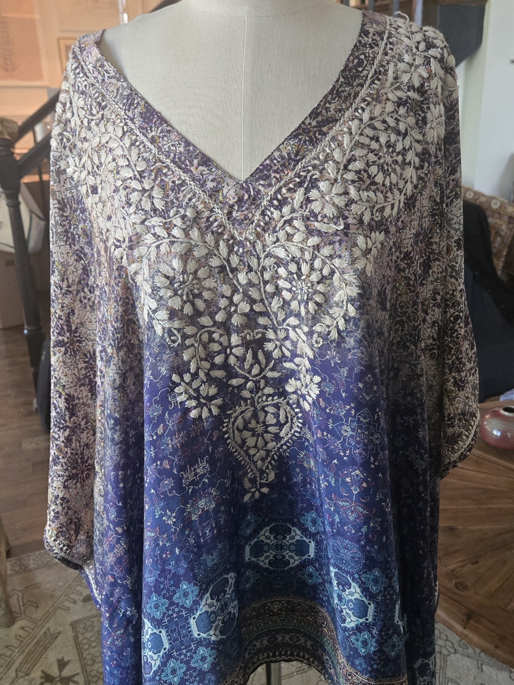Sevya Handmade "Demira" Embroidered Boho Tunic Kaftan Top – Purple & Blue Ombre